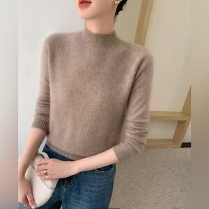 Beige brown merino wool blend mock neck sweater